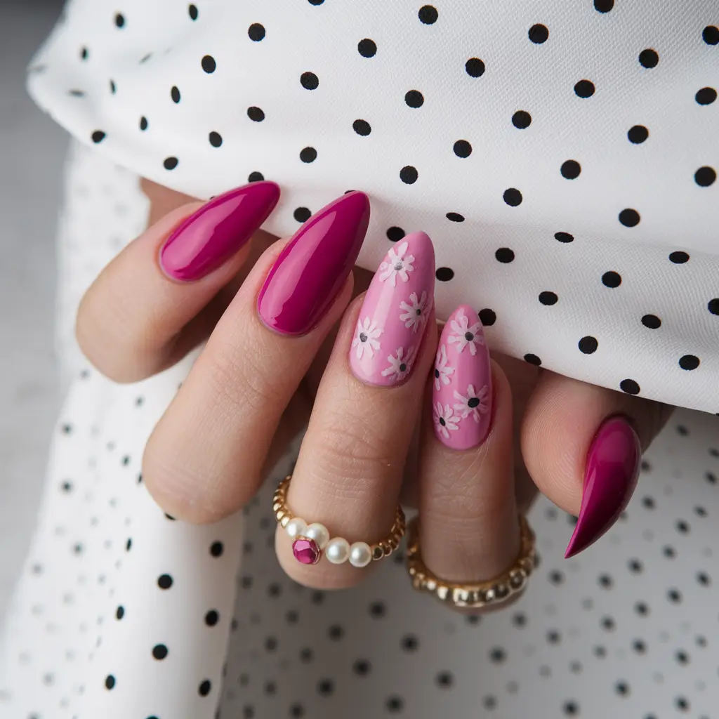 cute summer nails Glossy Magenta and Pretty Petals