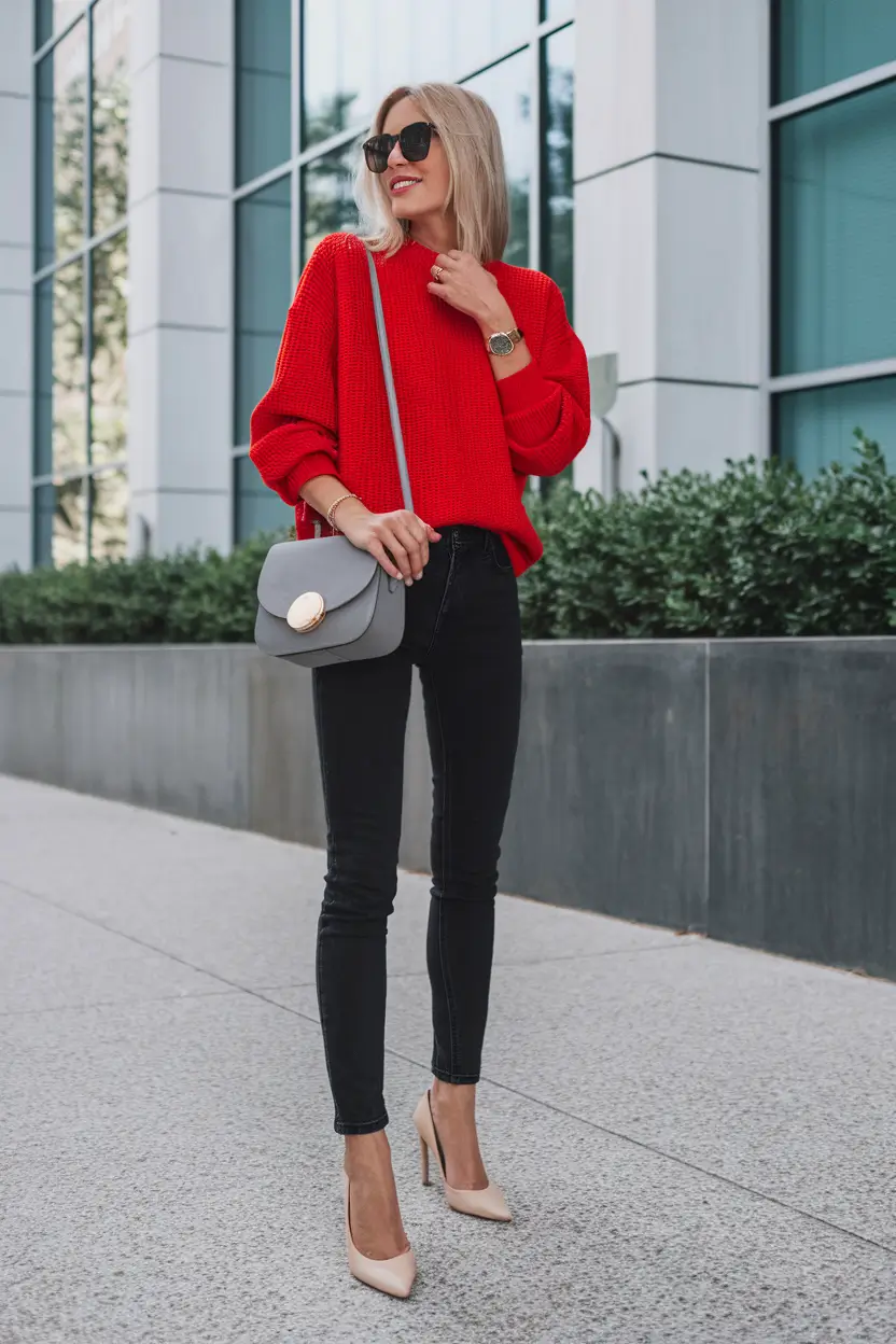 fall business casual outfits ideas 2025+Statement Knit Meets Power Basics