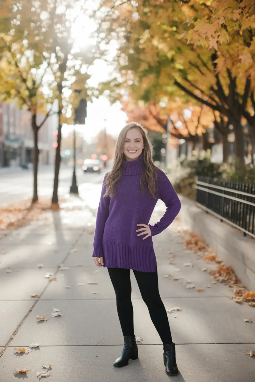 Work-fall-business-casual-outfits-ideas-2025-Purple-Sweater-Dress-Meets-Casual-Streetwear