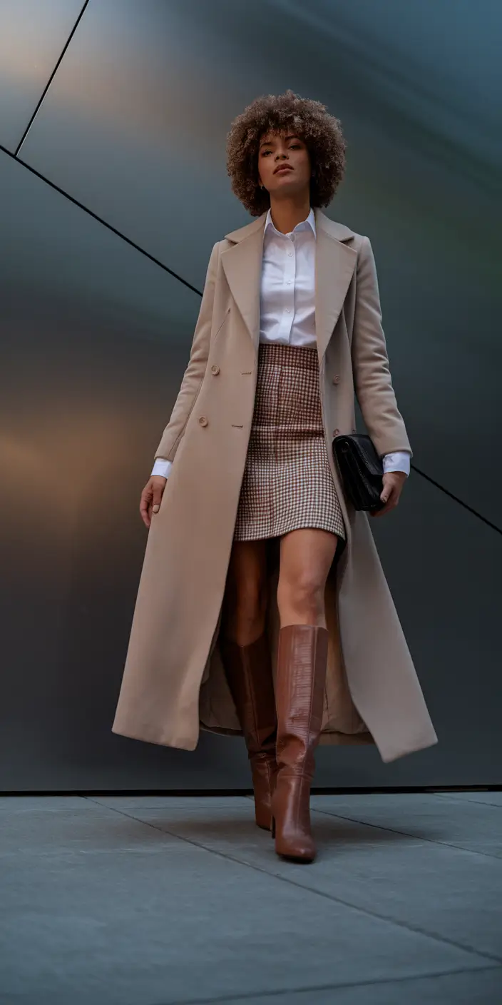 Work-fall-business-casual-outfits-ideas-2025-Retro-Cool-in-Long-Coats-and-Mini-Skirts
