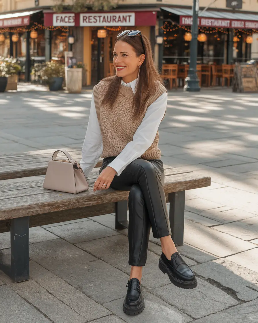 fall business casual outfits ideas 2025+Smart Knit Layering Meets Edge