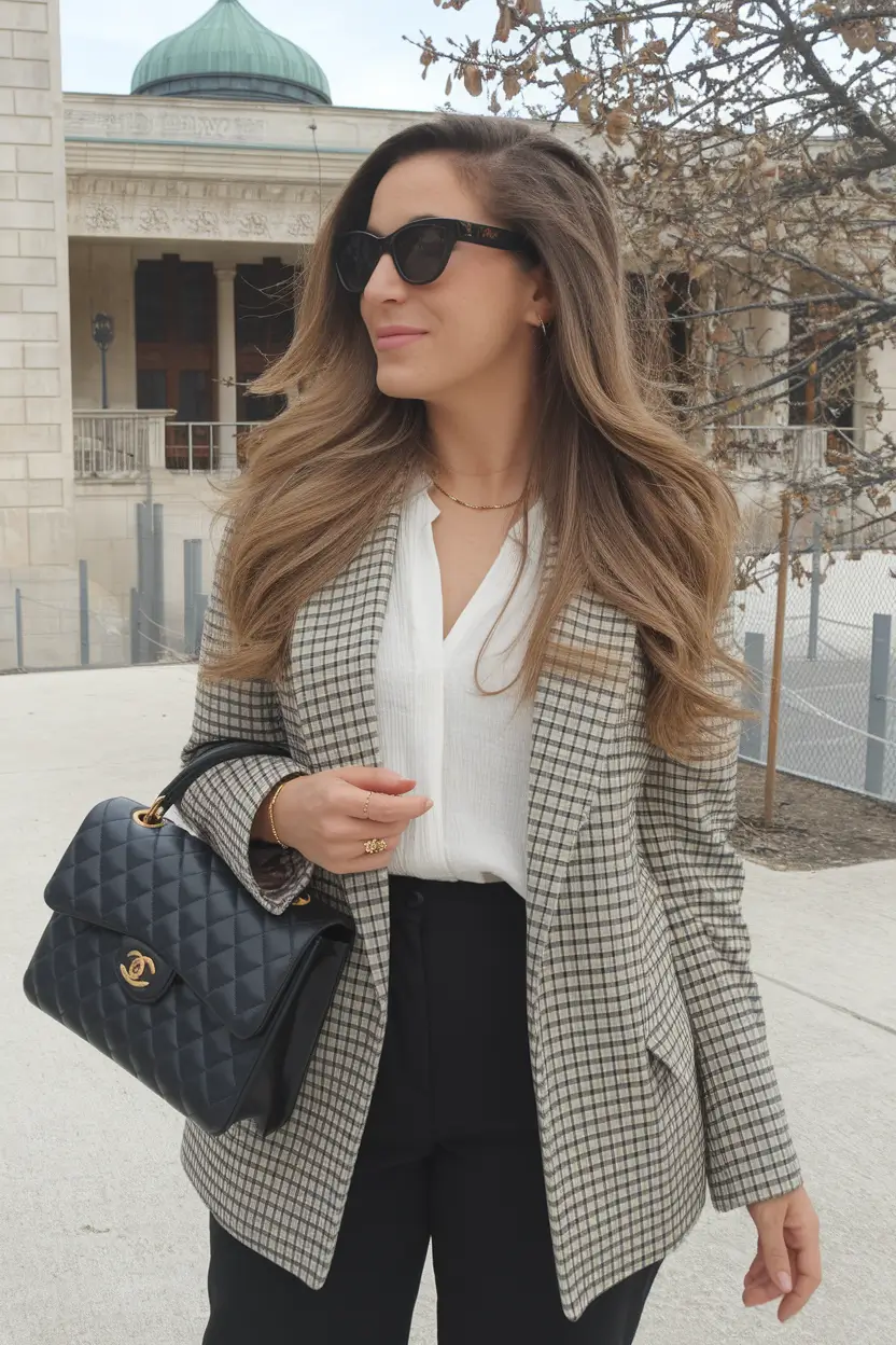 fall business casual outfits ideas 2025+Checked Blazer and Luxe Essentials