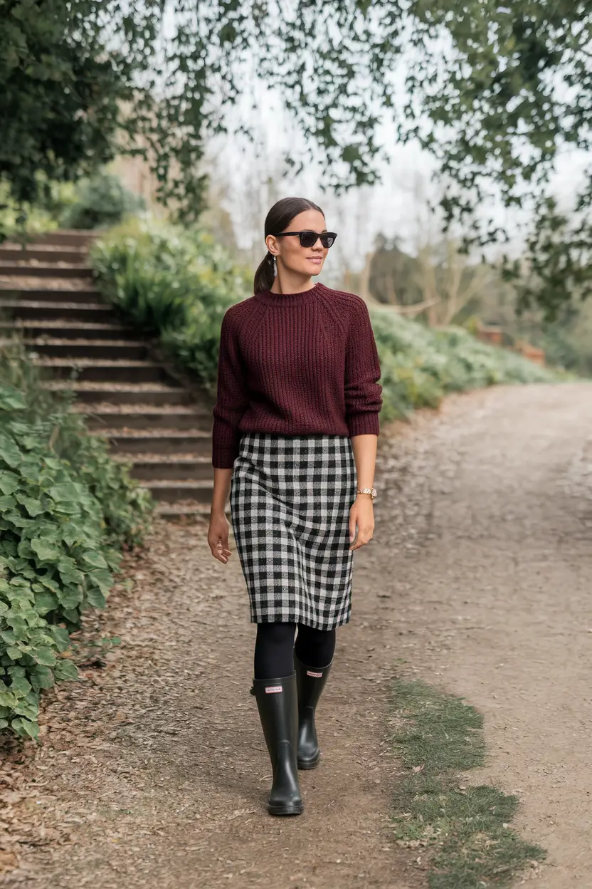 Fall Fashion 2025: Berry Knit and Gingham Pencil