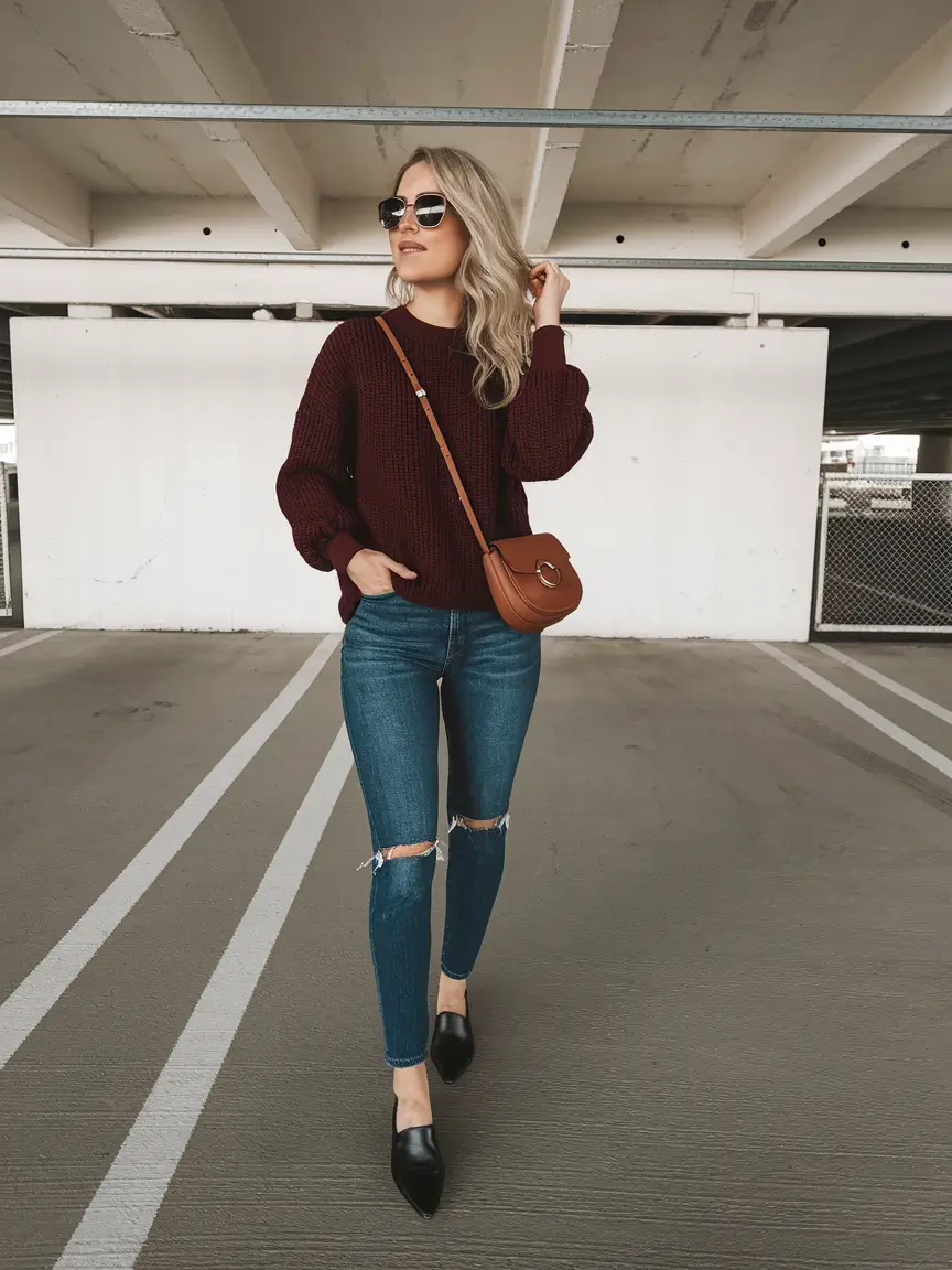mom outfits for fall Effortlessly Put-Together in a Cable-Knit Burgundy