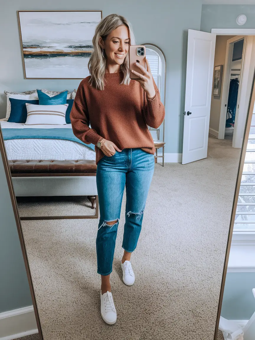 mom-outfits-for-fall-Effortless-Every-Day-Rust-Knit-and-Denim