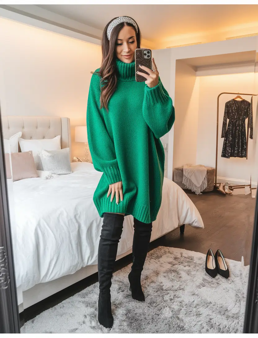 mom-outfits-for-fall-Cozy-Glam-Sweater-Dress-with-Over-the-Knee-Boots