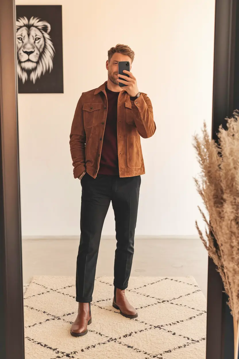 fall business casual outfit men Smart Suede and Burgundy Layers