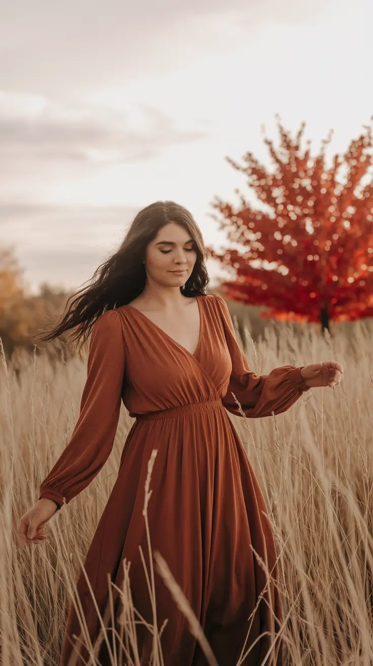 fall family pictures outfits 2025 Burnt Cinnamon in a Flowing Silhouette