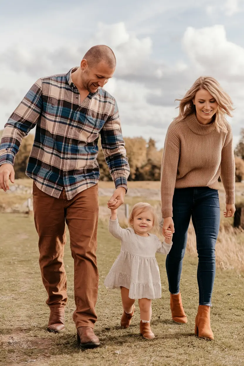 fall family pictures outfits 2025 Cozy Neutrals for a Young Family Walk