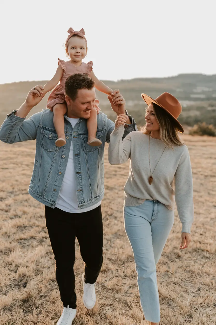 fall family pictures outfits 2025 Light Layers and Denim for Golden Hour