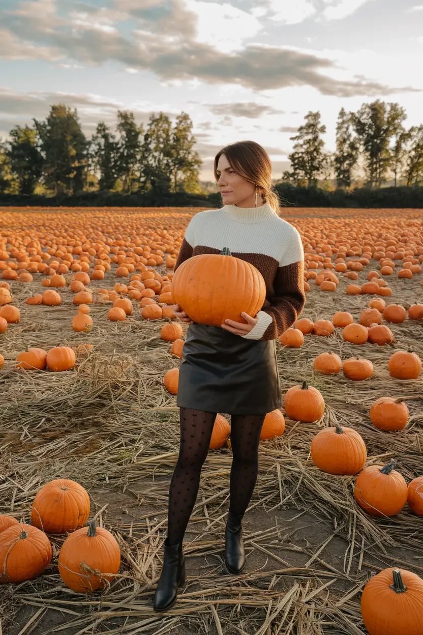 fall family pictures outfits 2025 Pumpkin Patch Chic in Leather and Layers