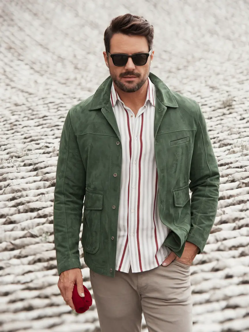fall outfits for men 2025 Green Suede and Stripe Energy