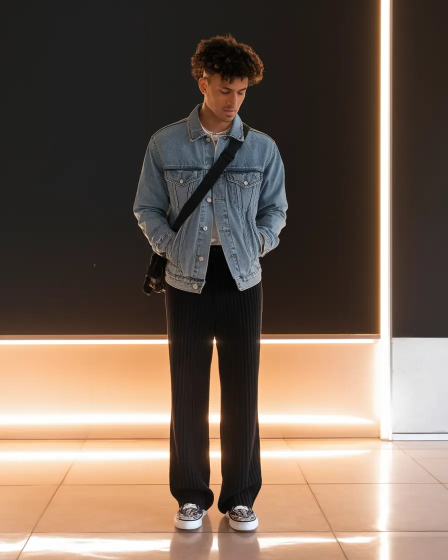 fall outfits for men 2025 Modern Denim with Texture Play