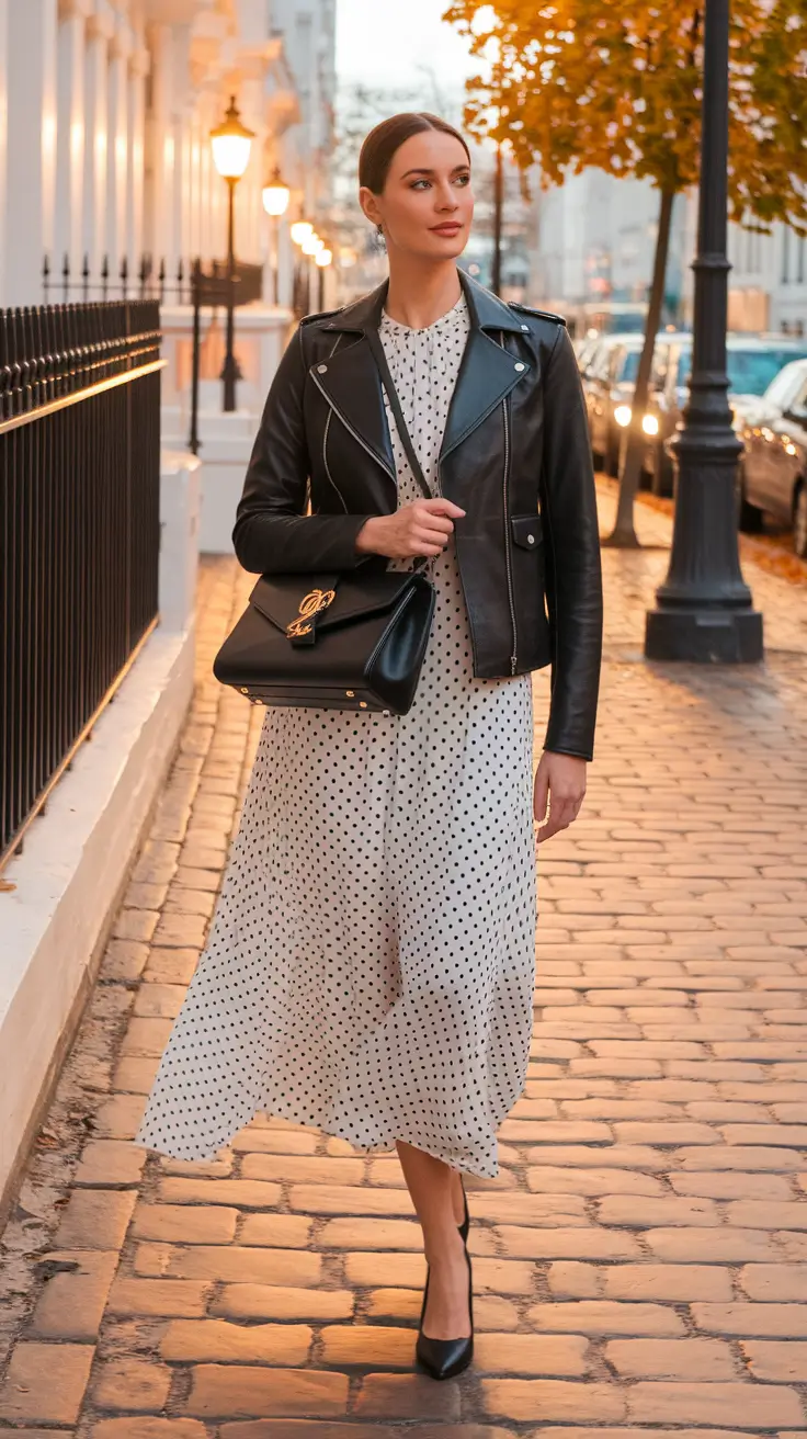 fall outfits ideas 2025 Polka-Dot Romance Meets Rock-and-Roll Leather