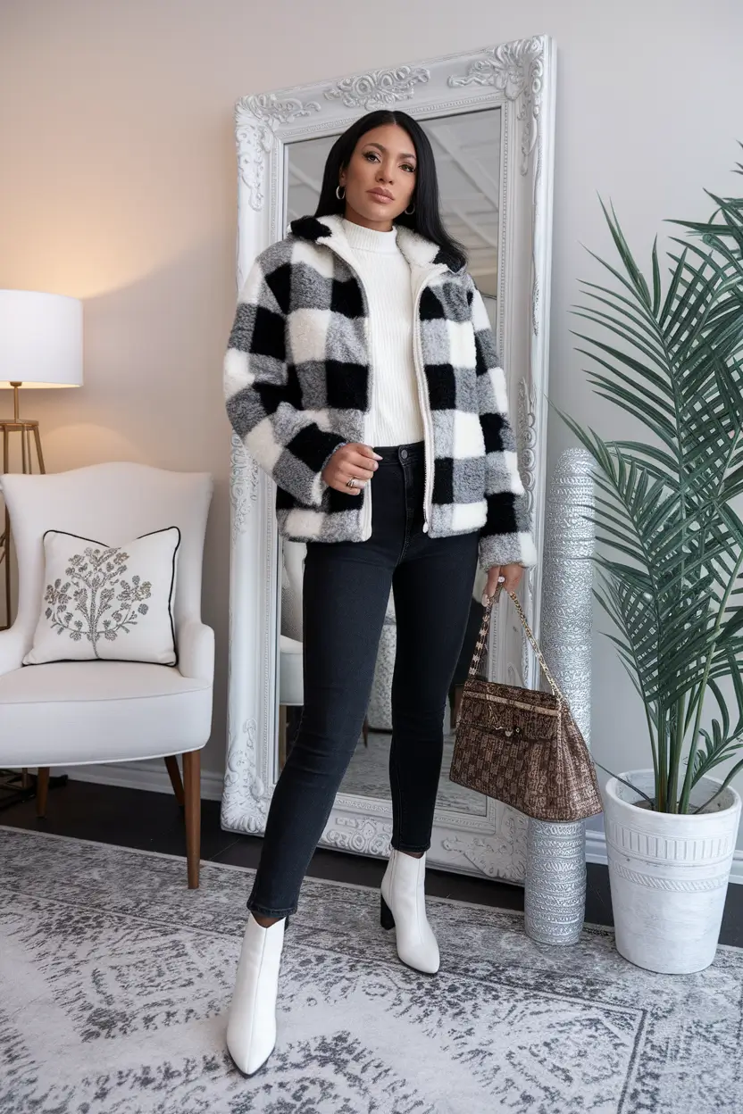 fall outfits with boots - Monochrome Checks and White Boots Delight