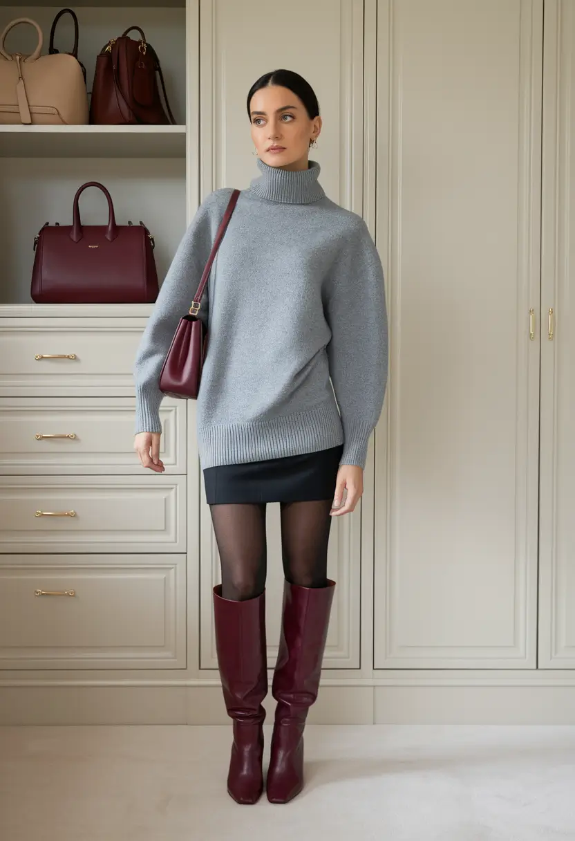 fall outfits with boots 2025 Wine-Toned Boots and Turtleneck Sophistication