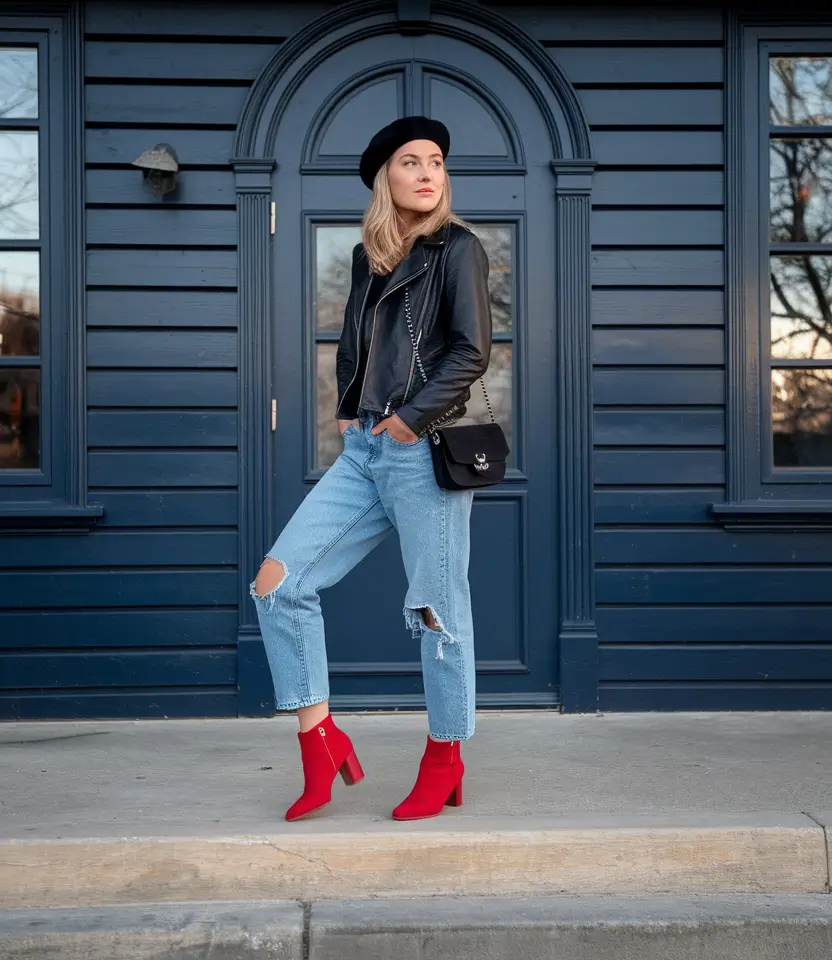 fall outfits with boots 2025 Parisian Rebel with a Pop of Red