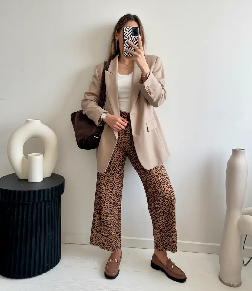 fall transition outfits ideas 2025+Neutral Blazer Energy Meets Wild Print Confidence