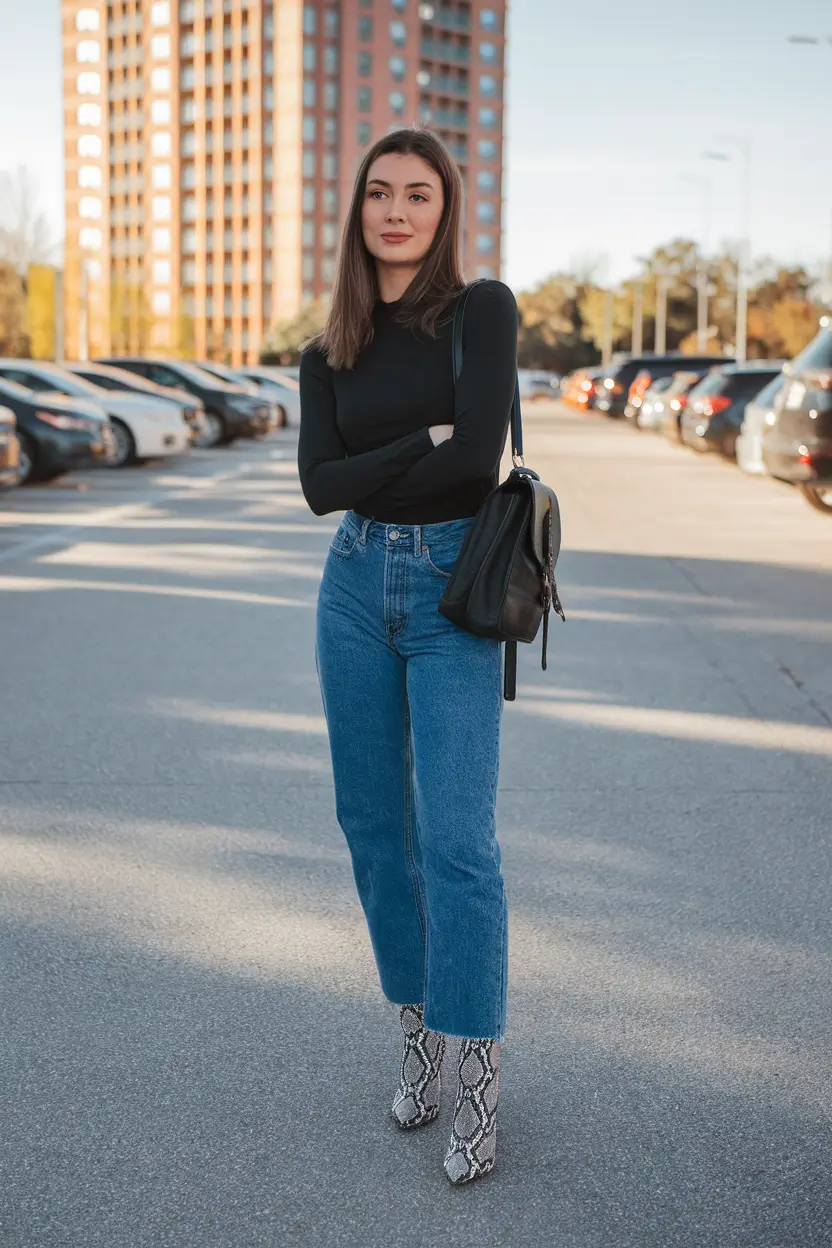 fall transition outfits ideas 2025+Classic Black & Denim with a Snake Bite Twist