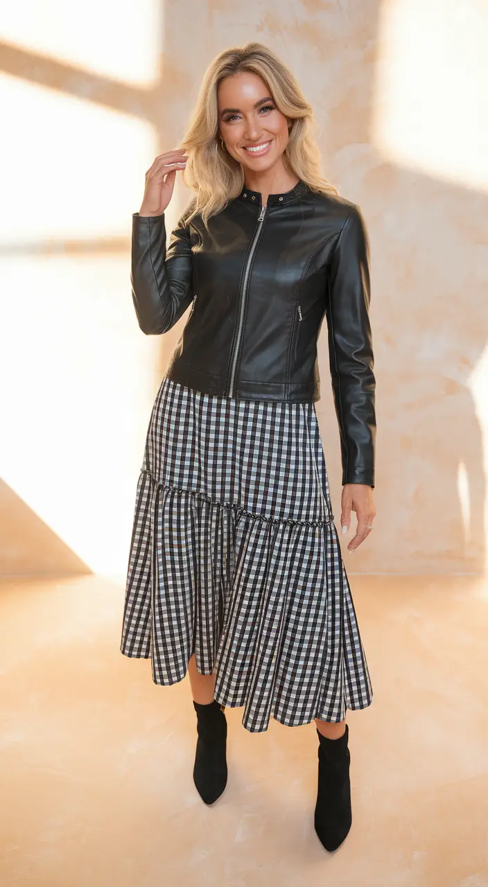fall transition outfits ideas 2025+Leather Meets Gingham: The Unexpected Match-Up