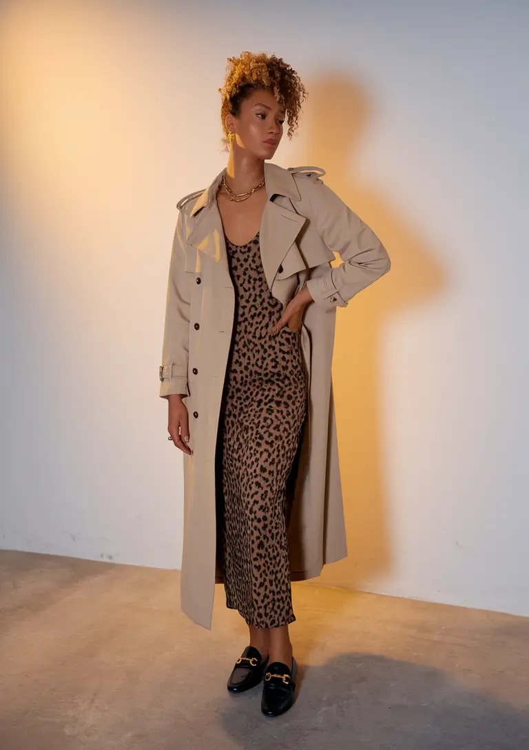 fall transition outfits 2025+Trench Coat & Leopard Dress Power Combo