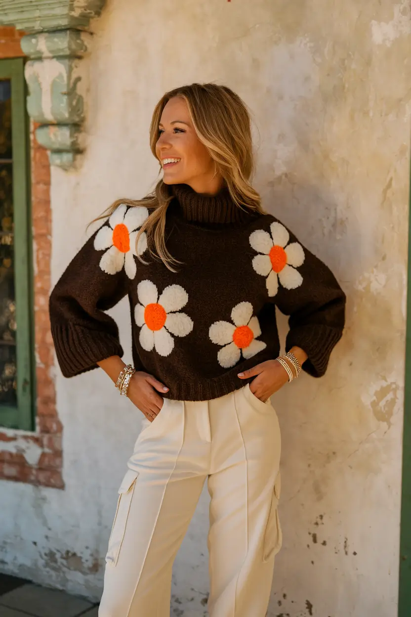 fall transition outfits 2025+Retro Florals and Structured Cream Trousers