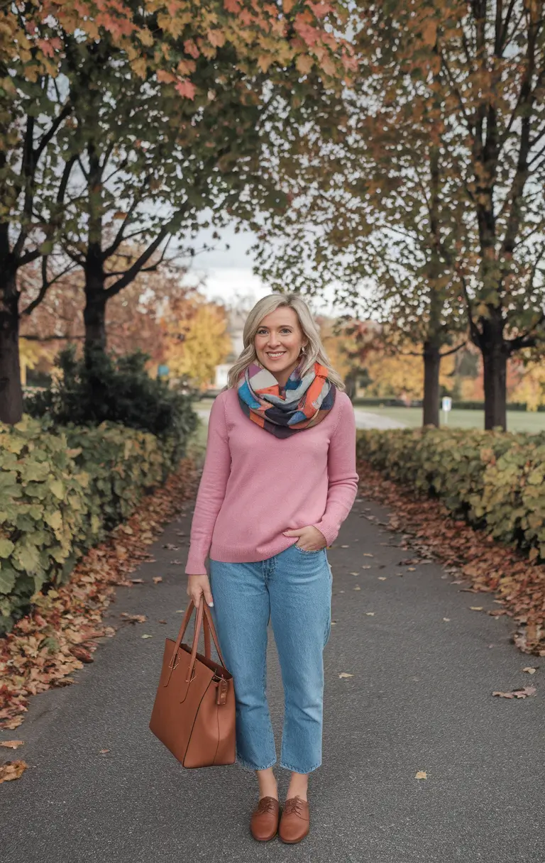 fall transition outfits 2025+Color-Blocked Scarf and Crisp Fall Palette