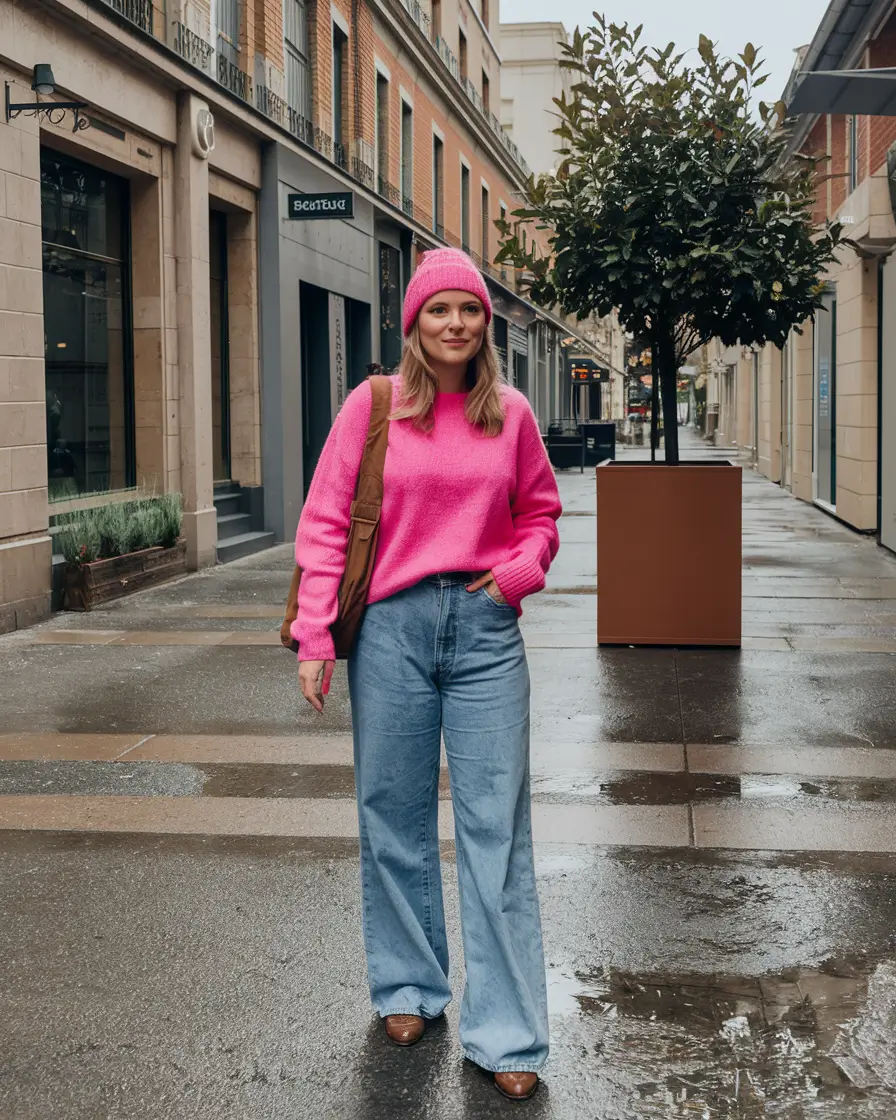 fall fashion women casual Bubblegum and Denim on a Rainy Day