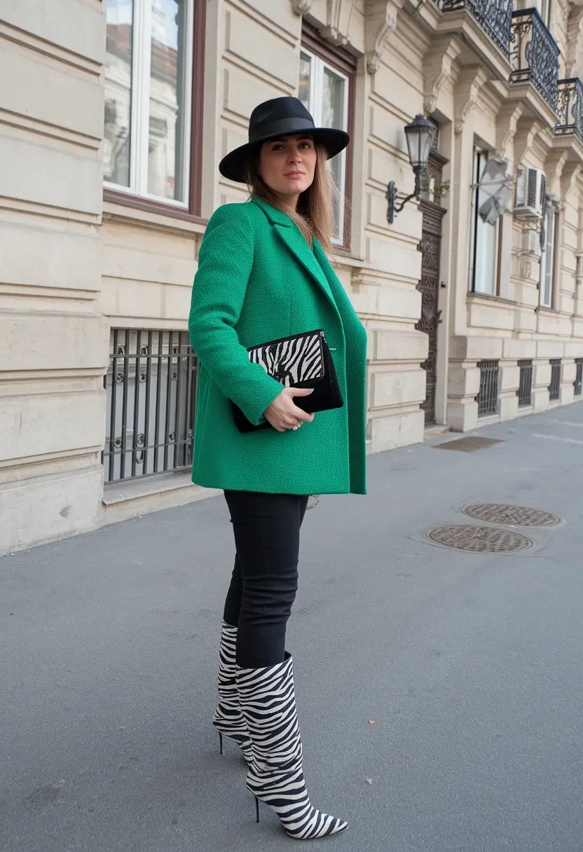 fall fashion inspo women Zebra Print Boots and the Bold Green Coat