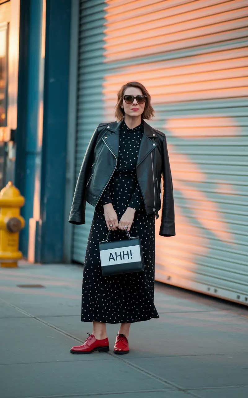 casual-fall-outfits-2025-women-over-30-Leather-Meets-Polka-Dots-Tough-Girl-Charm