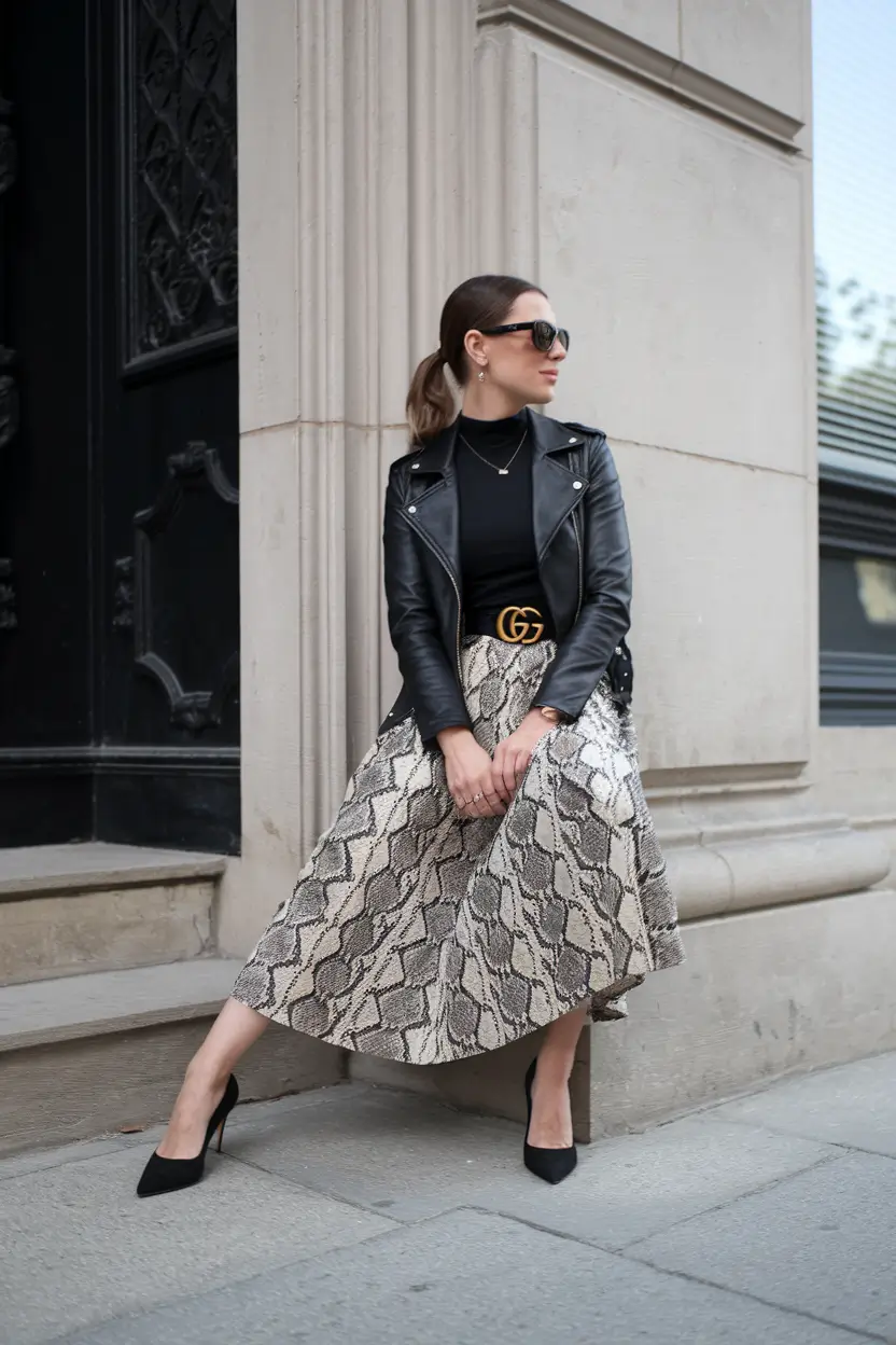 fall skirt outfits classy midi snakeskin