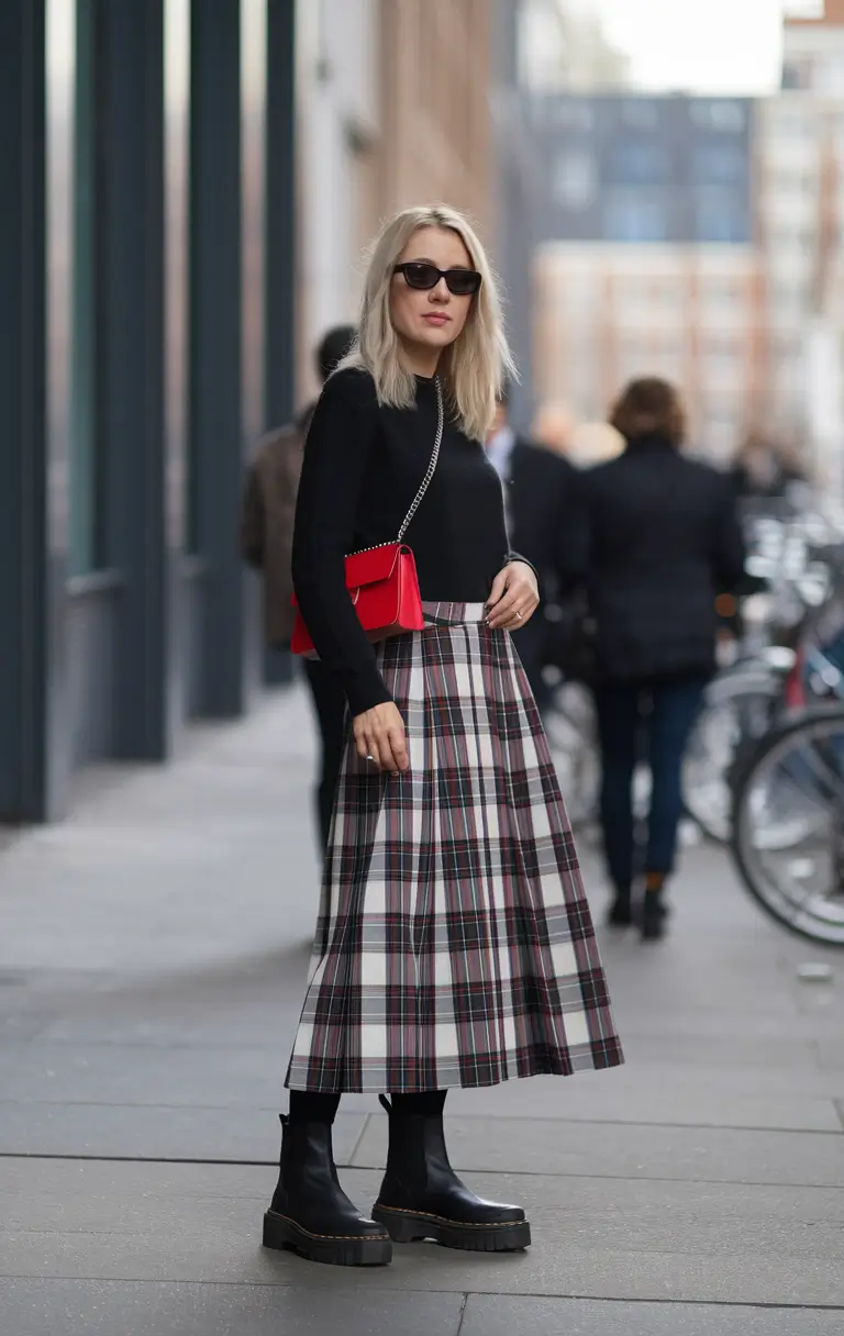 fall skirt outfits plaid midi doc martins