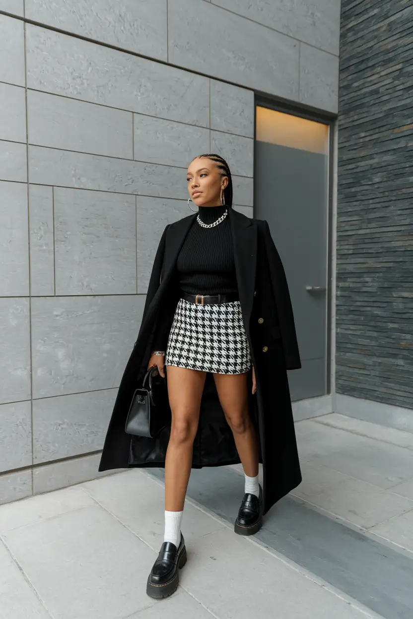 fall skirt outfits 2025 Bold Neutrals With a Houndstooth Twist