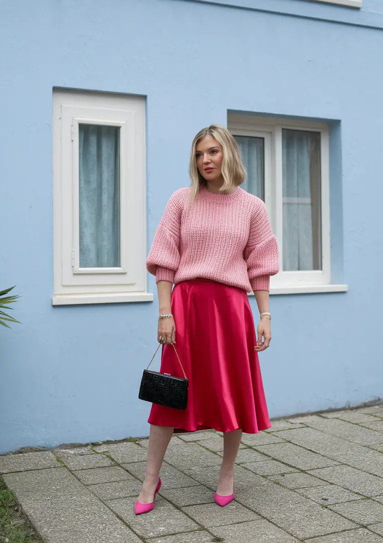 fall skirt outfits 2025 Saturated Pink and Playful Texture