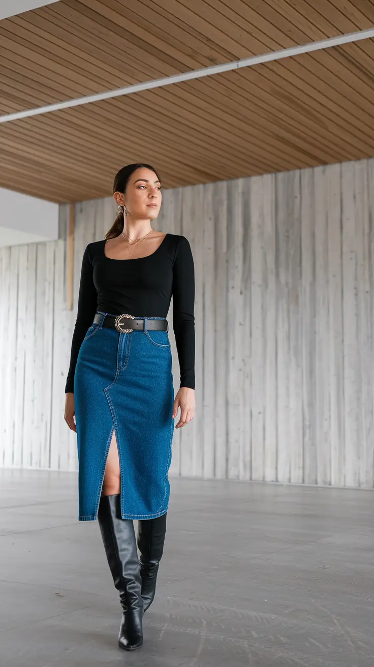 fall skirt outfits denim midi boots long