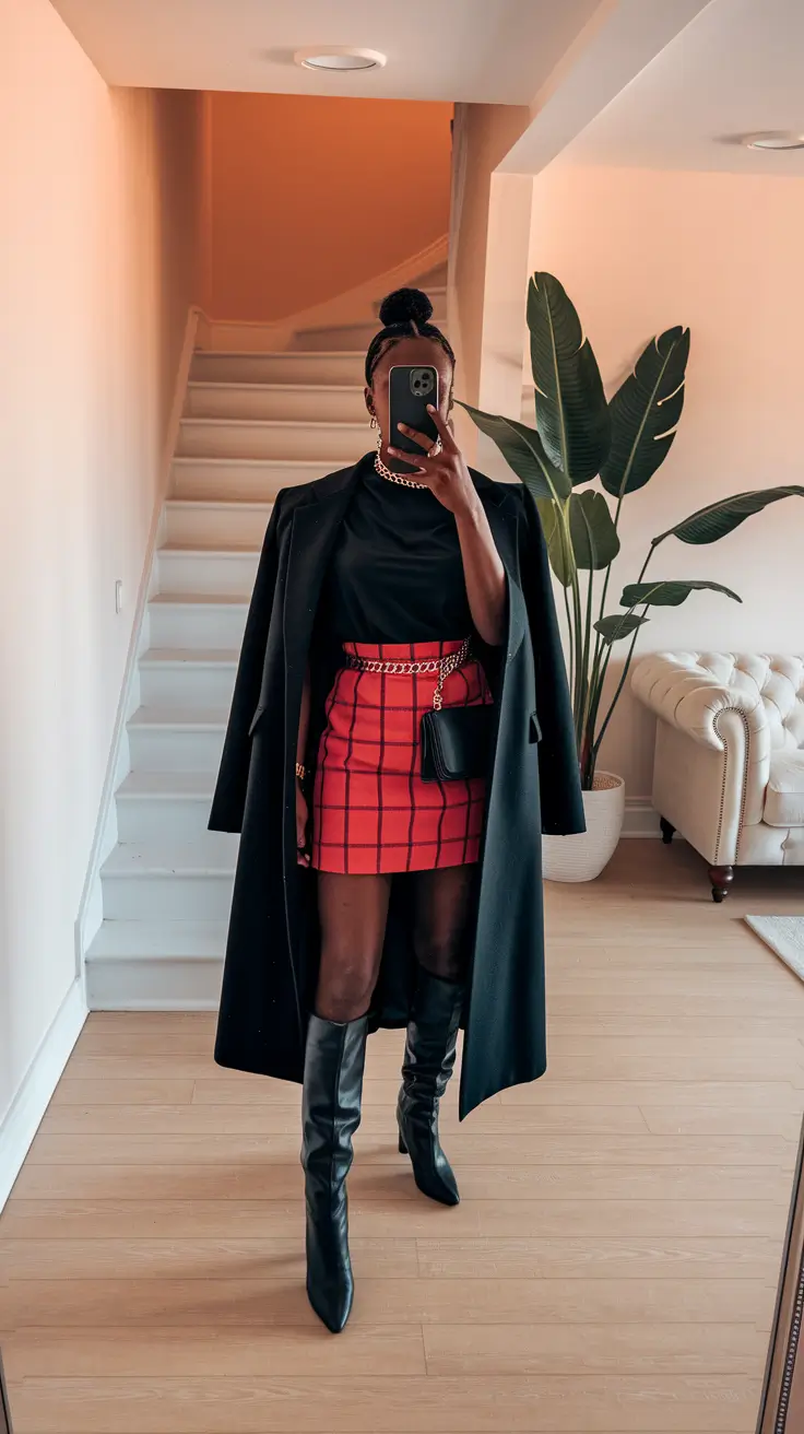 fall skirt outfits plaid short boots long