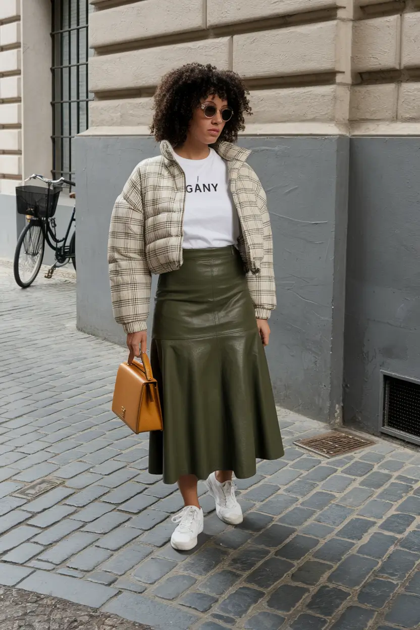 fall skirt outfits midi sneakers casual