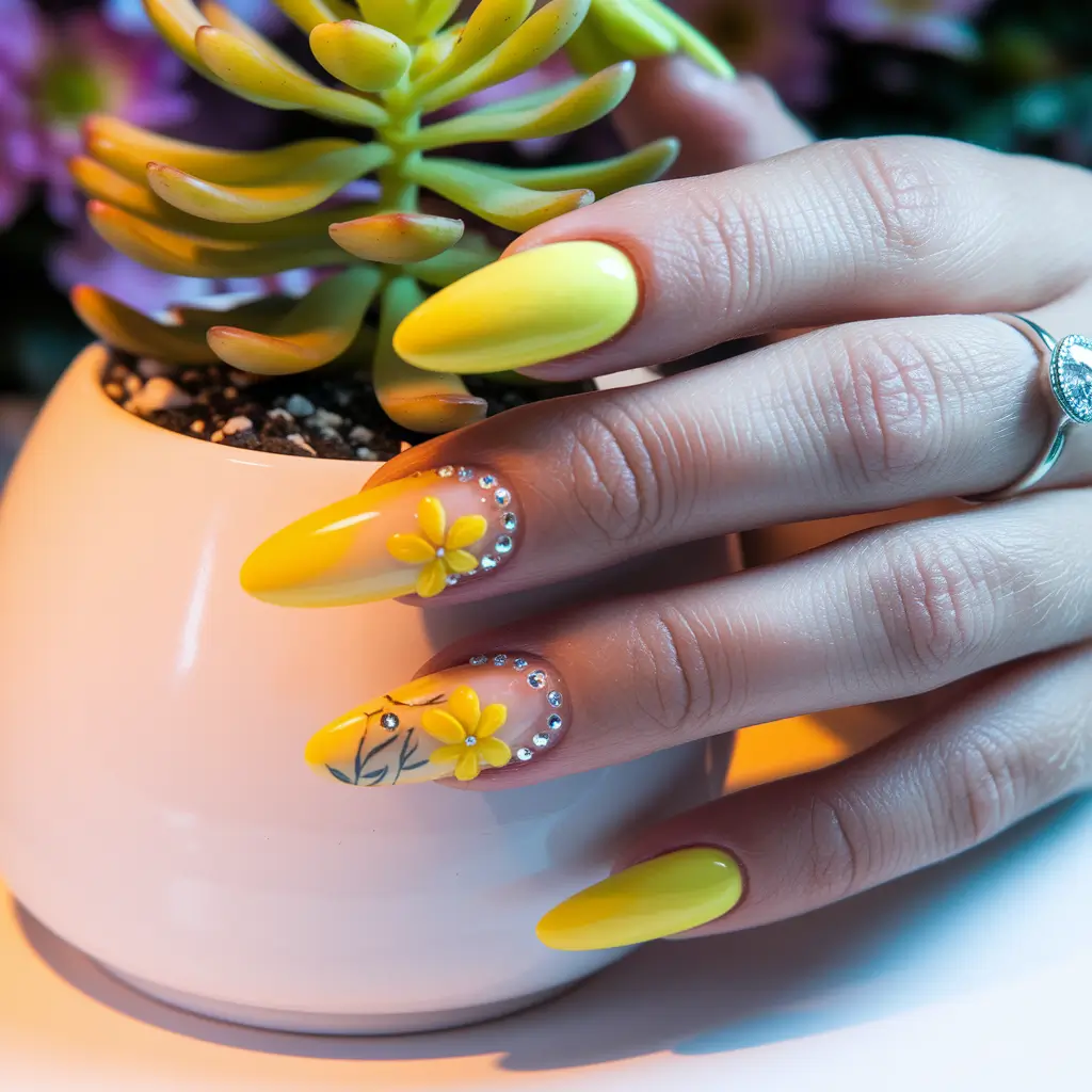 july nails ideas 2025 Sunbeam Florals and Rhinestone Glow