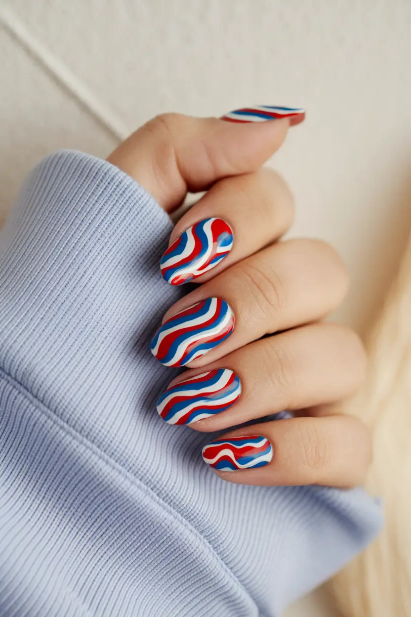 july nails ideas 2025 Patriotic Swirl Pop