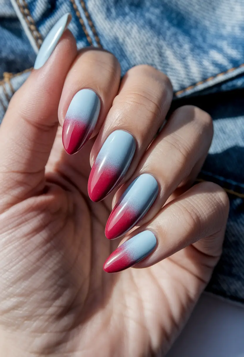 july nails ideas 2025 Red Ombre Gradient on Blue