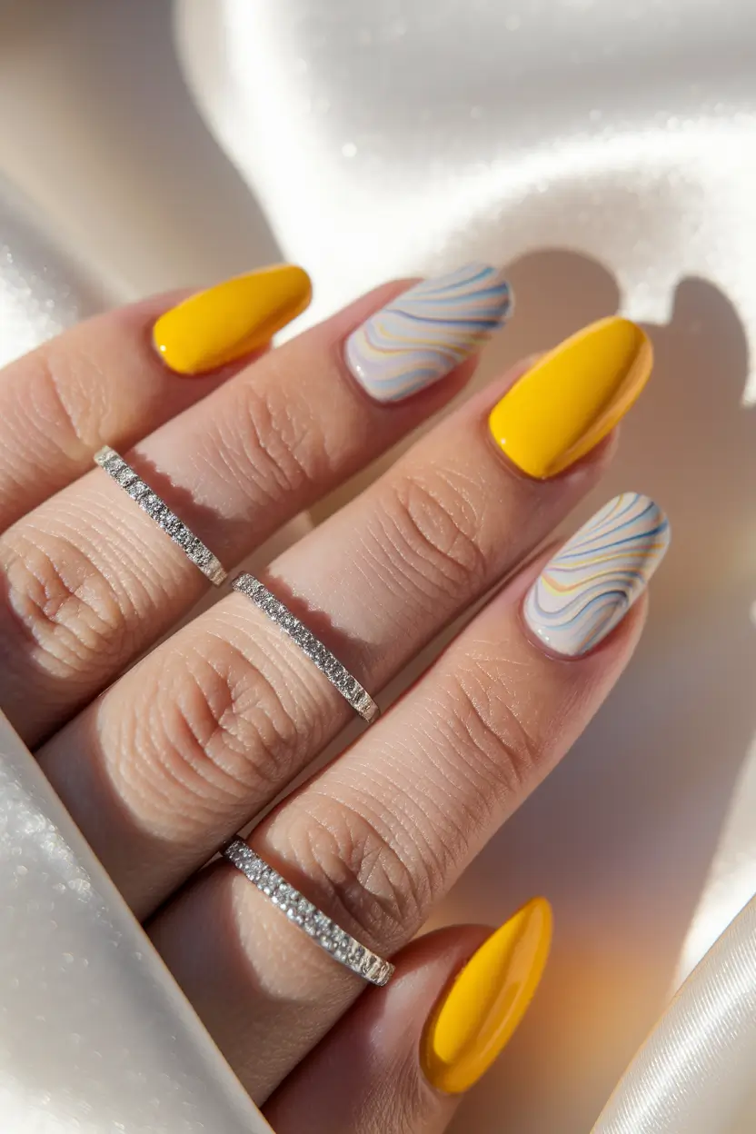 july nails ideas 2025 Marbled Lemon Cream