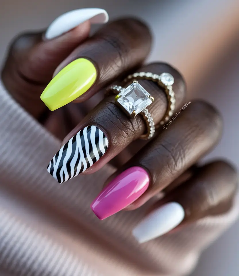 july nails ideas 2025 Neon Party with Zebra Attitude