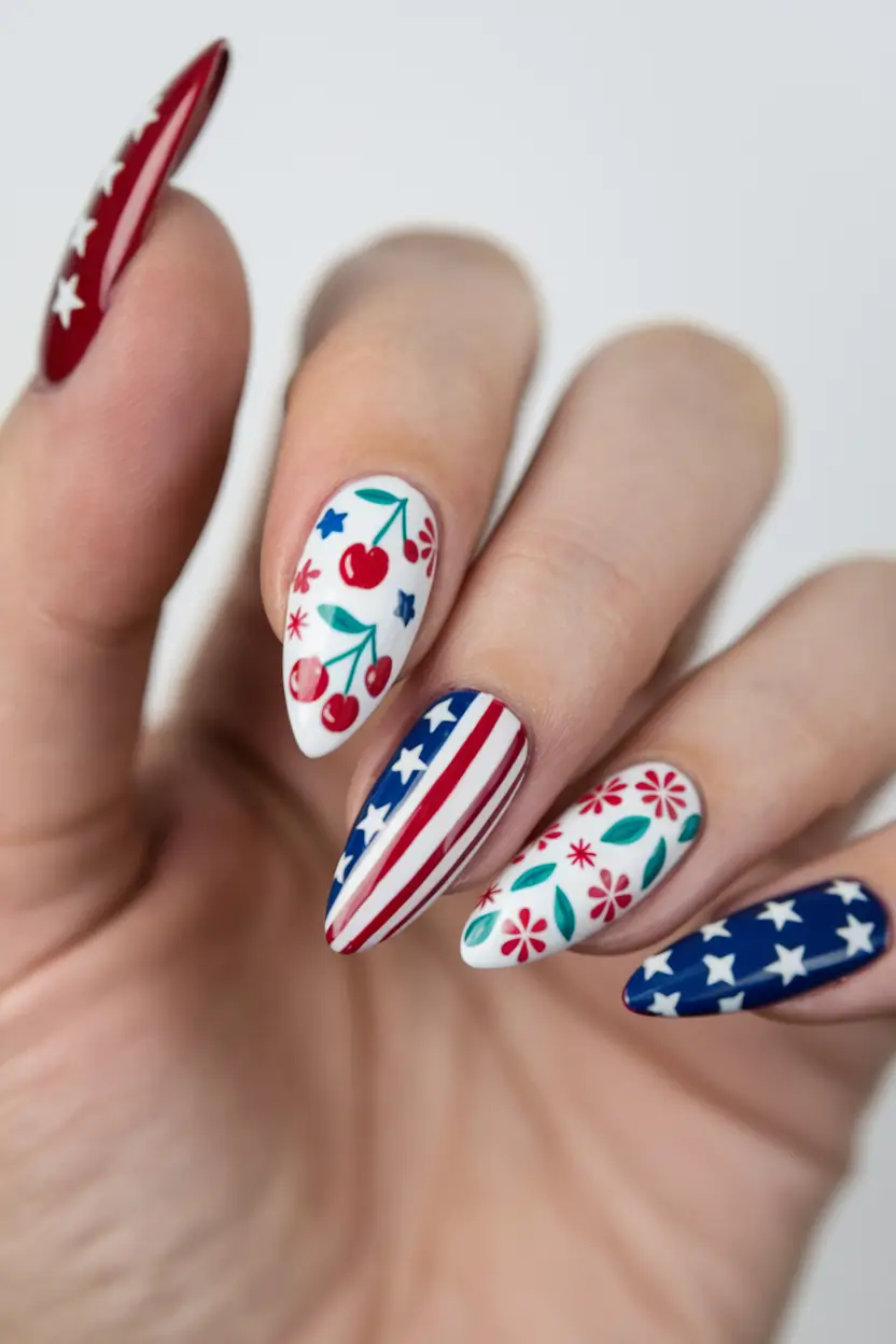 july nails ideas 2025 Stars, Cherries & Stripes with a Floral Twist