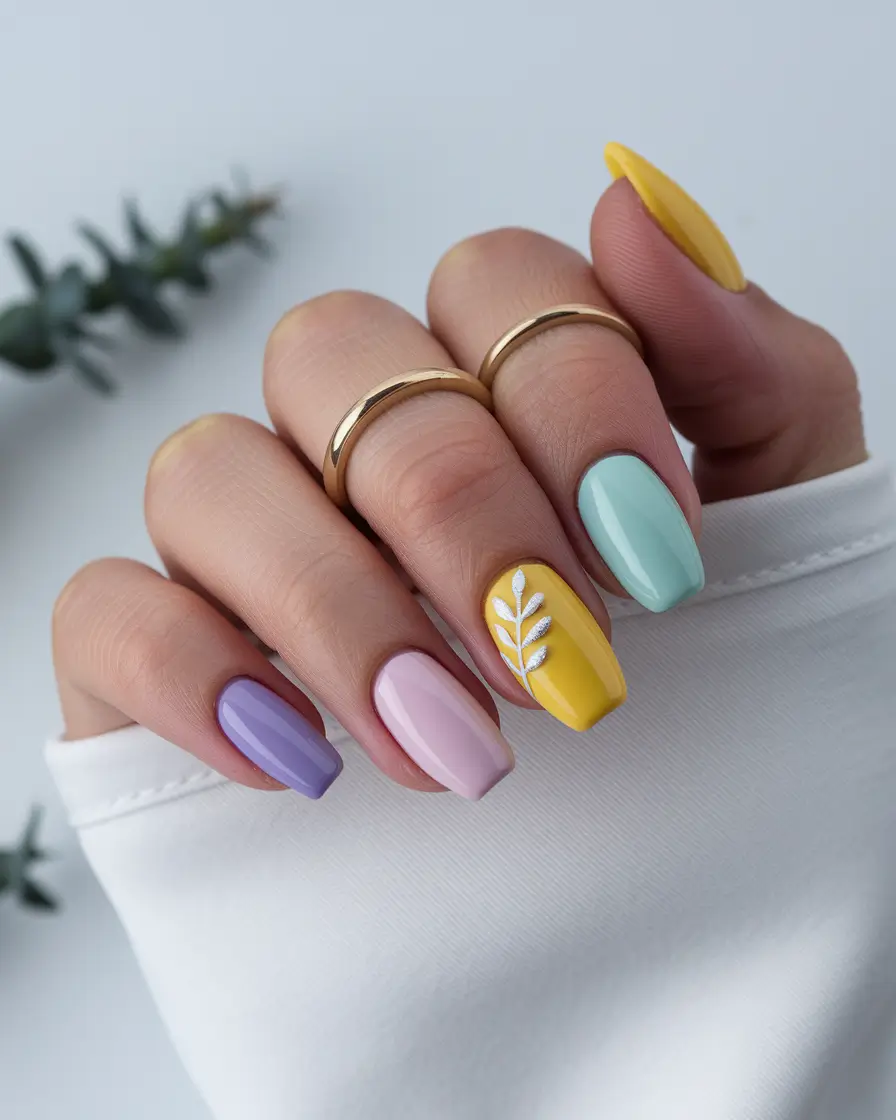 july nails ideas 2025 Pastel Dream with Leaf Accent