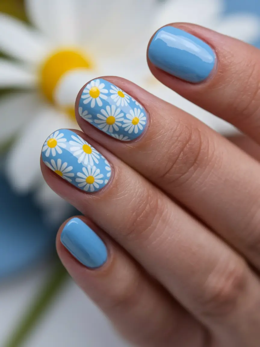 july nails ideas 2025 Blue Daisy Garden Vibe