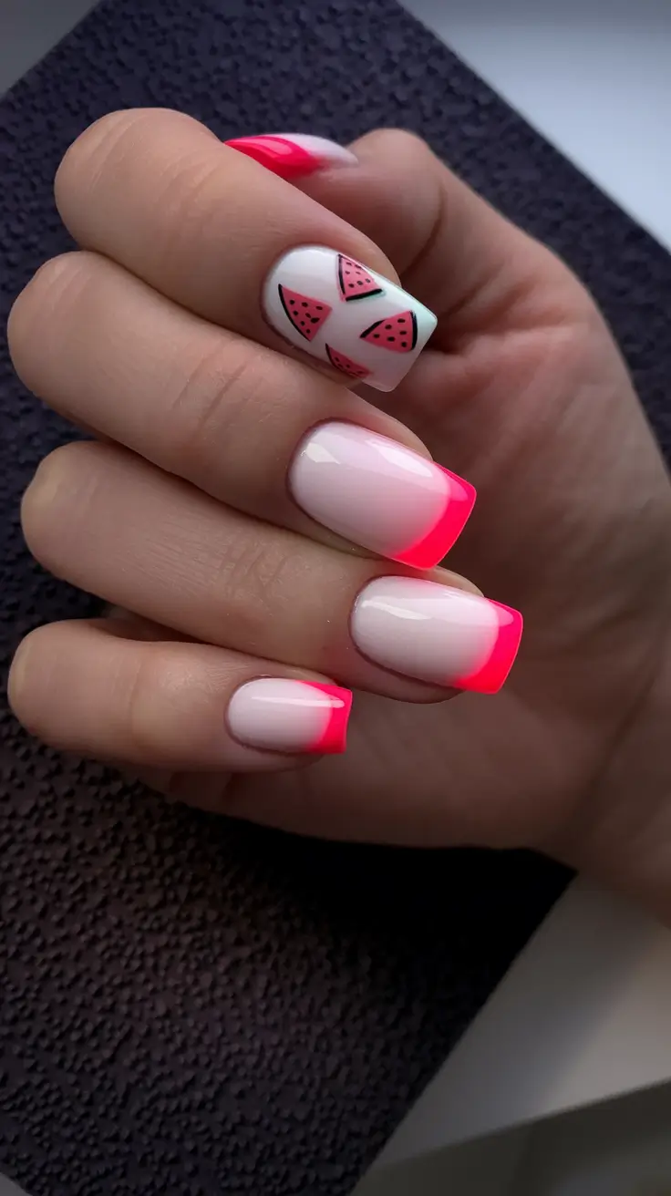 july nails ideas 2025 Neon Watermelon French