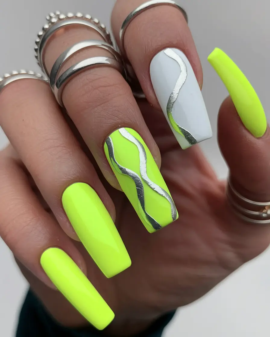 july nails ideas 2025 Lime Highlighter With Chrome Waves