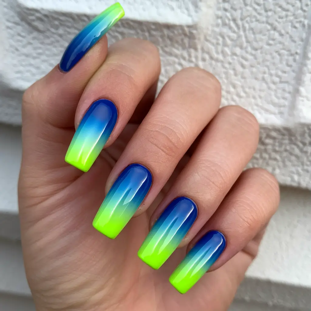 ombre summer nails ideas 2025 Ocean to Neon Fade on Long Square Tips