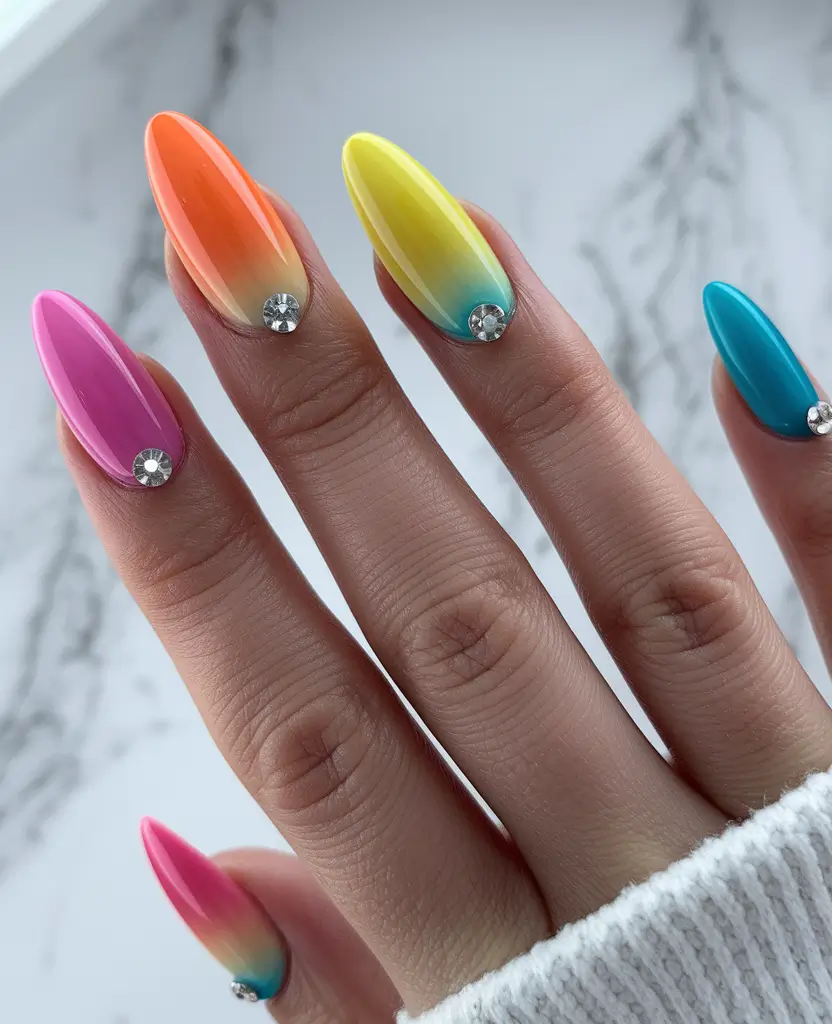ombre summer nails ideas 2025 Rainbow Gradient with Crystal Studs