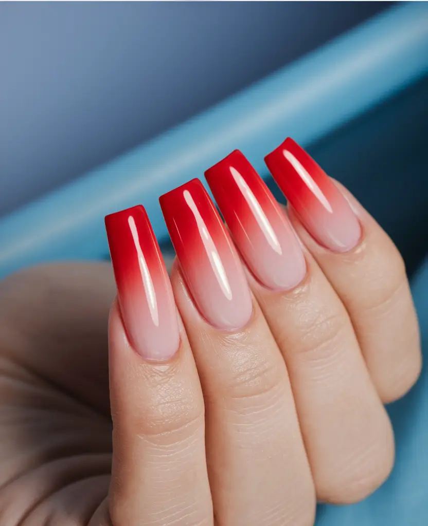 ombre summer nails ideas 2025 Cherry Red Flame on a Nude Base